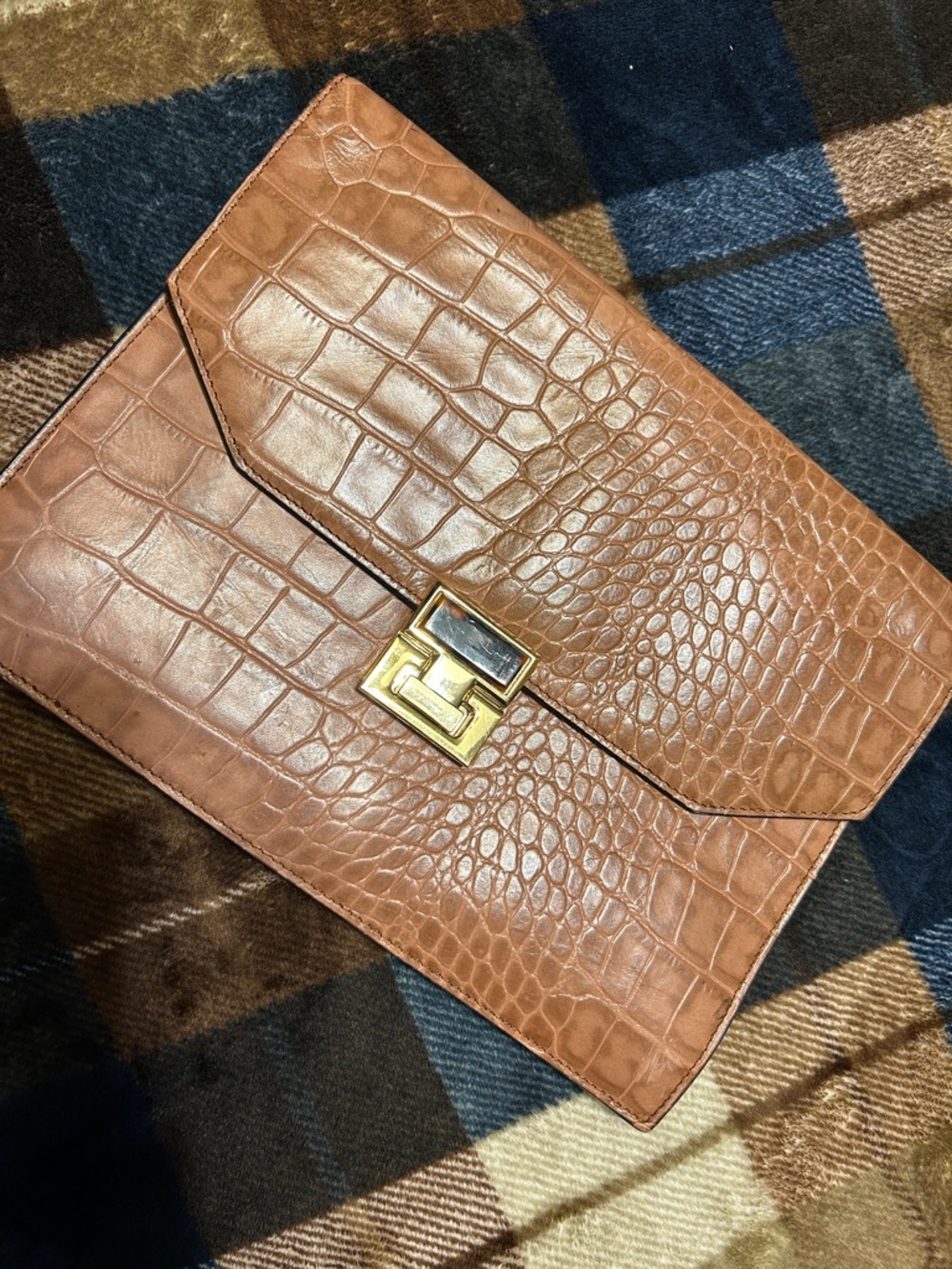 Ivanka Trump Tan Croc-Embossed Leather Envelope Clutch with Gold Hardware